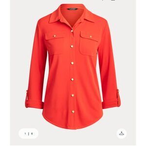 Lauren Ralph Lauren Women's Sz PL Sporting Orange Button Up Shirt Roll Tab Sleev